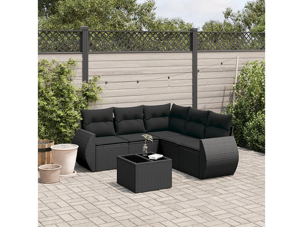 6 peças conjunto sofás de jardim c/ almofadões vime PE preto
