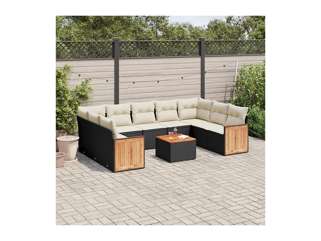 Salon de jardin 10 pièces avec coussins noir résine tressée