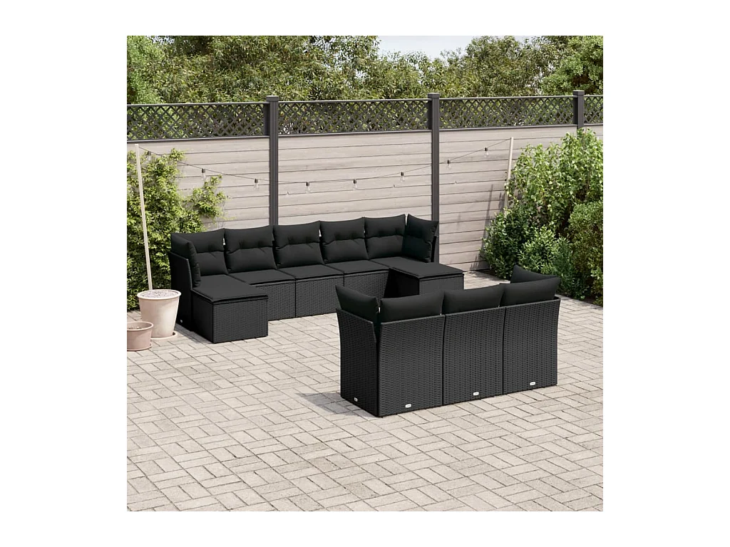 Salon de jardin 10 pièces avec coussins noir résine tressée