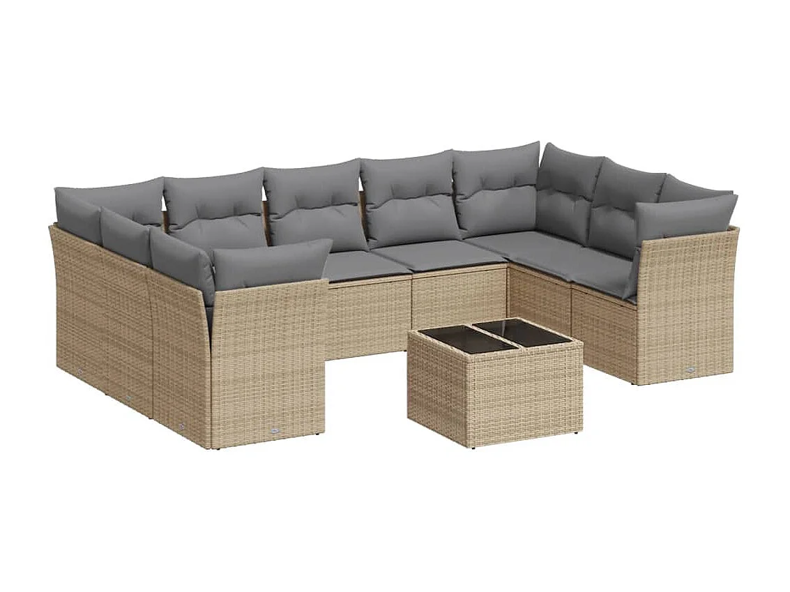 10-delige Loungeset met kussens poly rattan beige