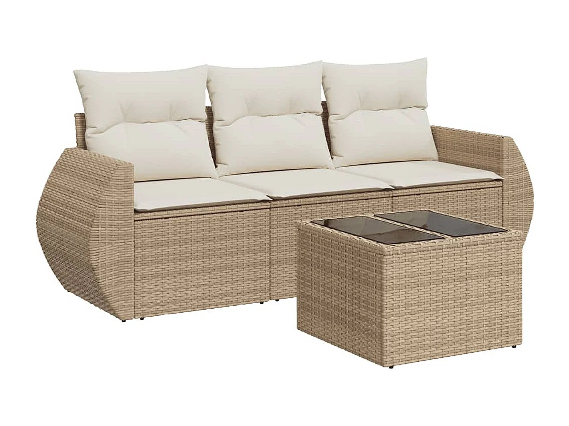 Salon de jardin avec coussins 4 pièces beige résine tressée