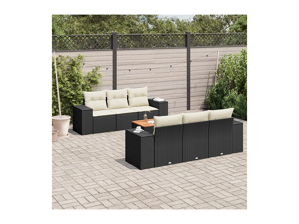 Set de comedor de jardín 7 piezas y cojines ratán sintético negro