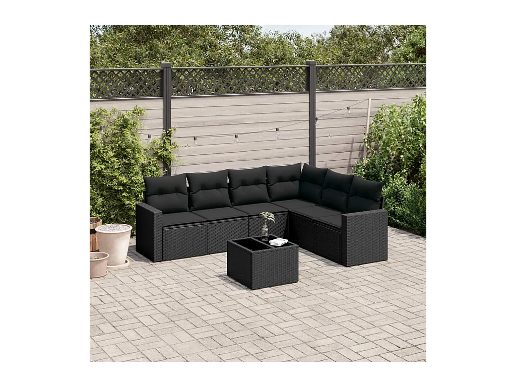 Set de comedor de jardín 7 piezas y cojines ratán sintético negro