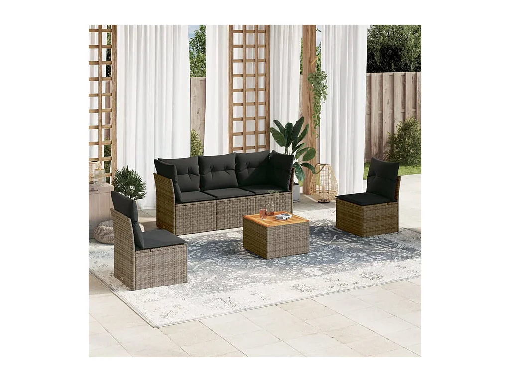 Salon de jardin 6 pièces avec coussins gris résine tressée