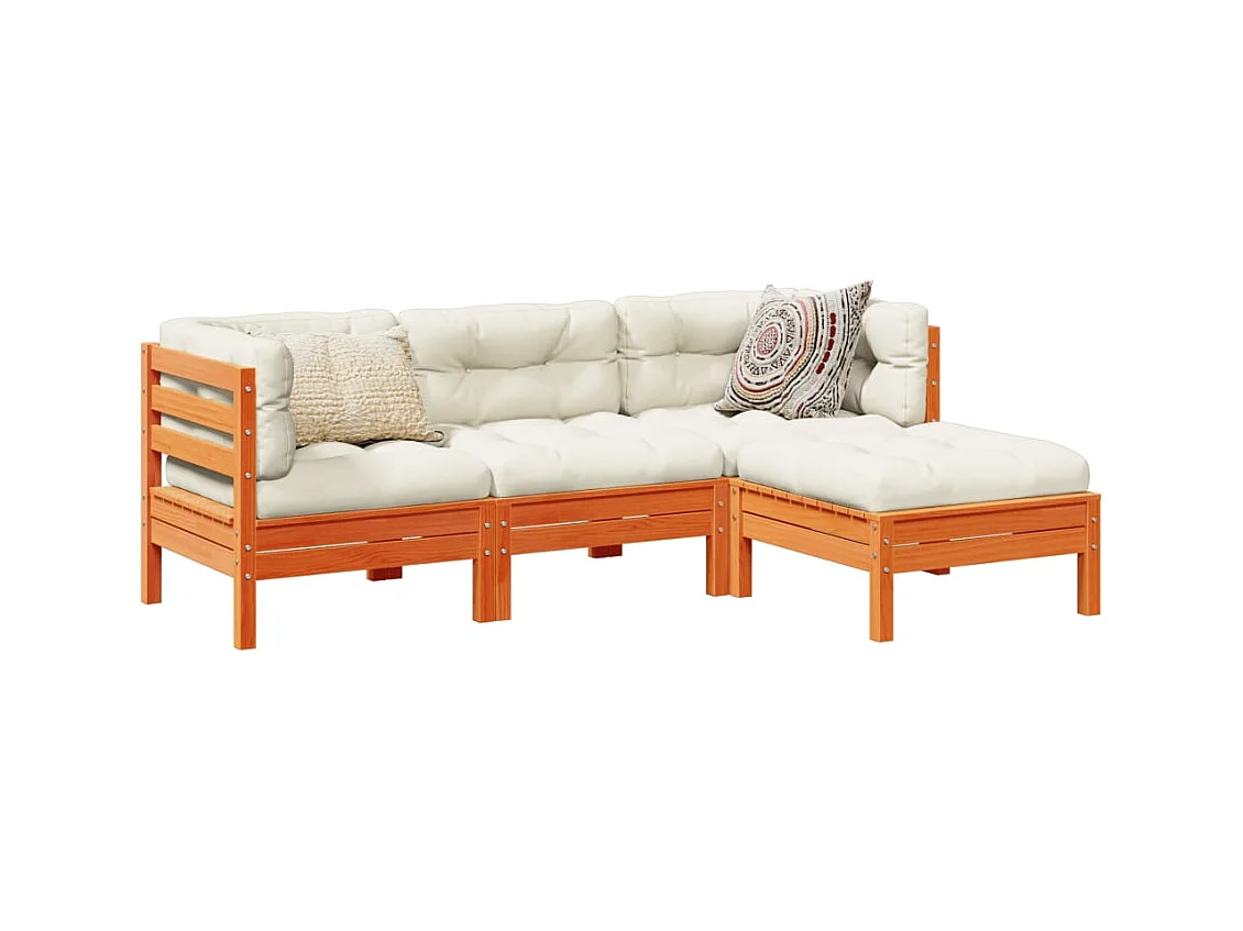 Set de sofás jardín 4 piezas con cojines madera pino marrón cera