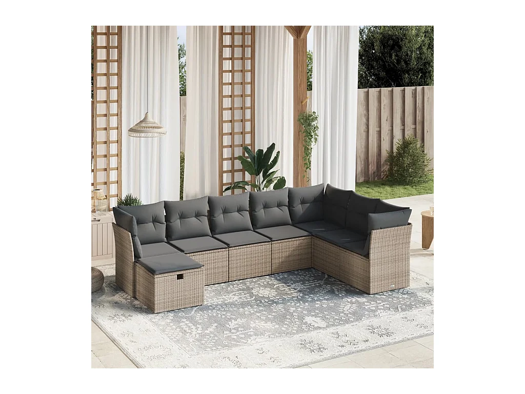Salon de jardin 8 pièces avec coussins gris résine tressée