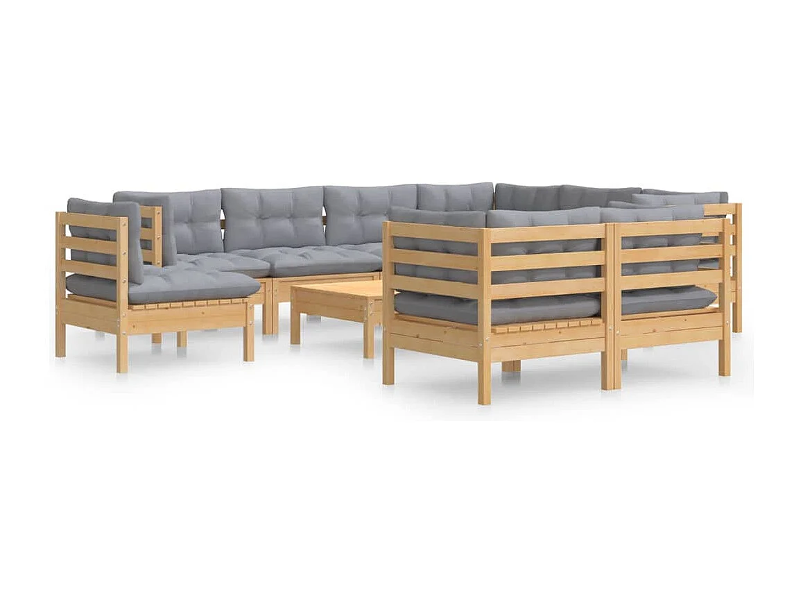 Salon de jardin 10 pièces avec coussins gris Bois de pin solide