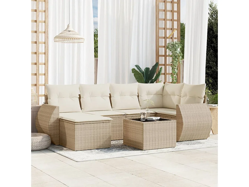Salon de jardin avec coussins 7 pièces beige résine tressée