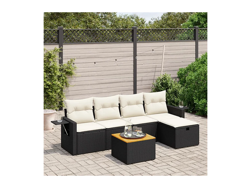 6-delige Loungeset met kussens poly rattan zwart