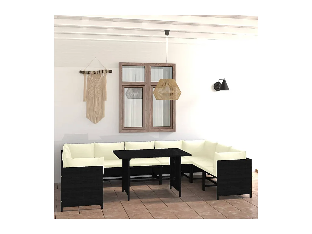 Salon de jardin 10 pièces avec coussins Résine tressée Noir