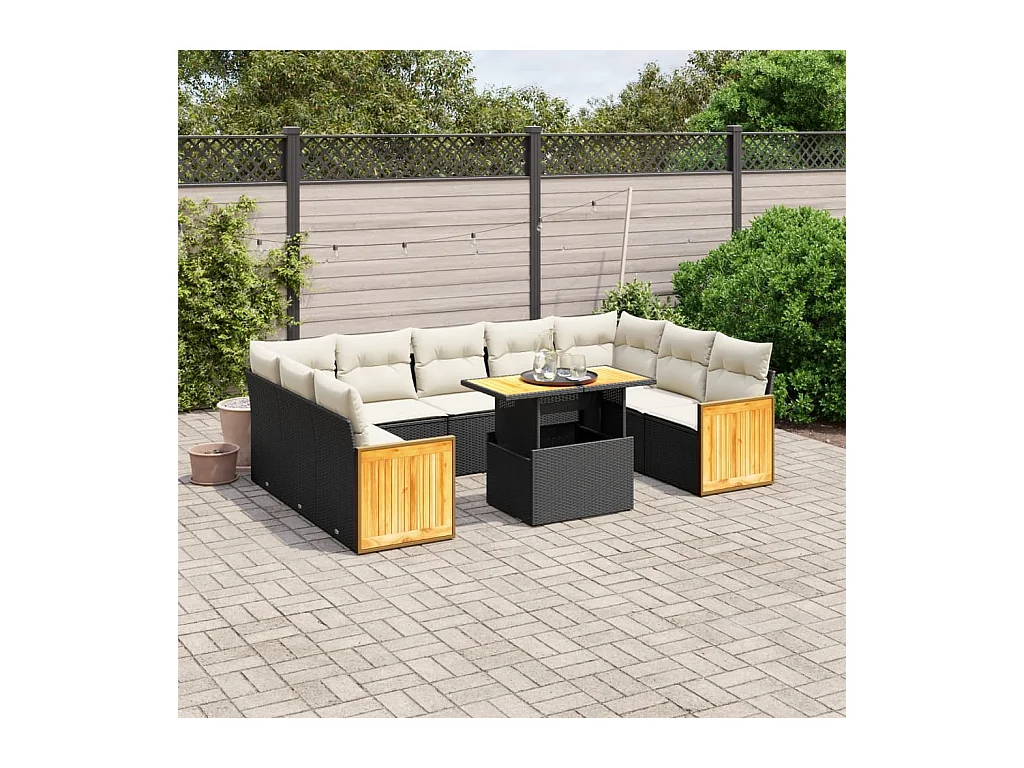 Salon de jardin 10 pièces avec coussins noir résine tressée