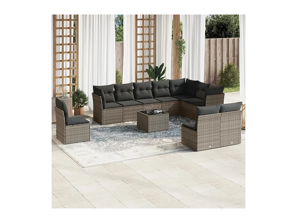 Salon de jardin 11 pièces avec coussins gris résine tressée