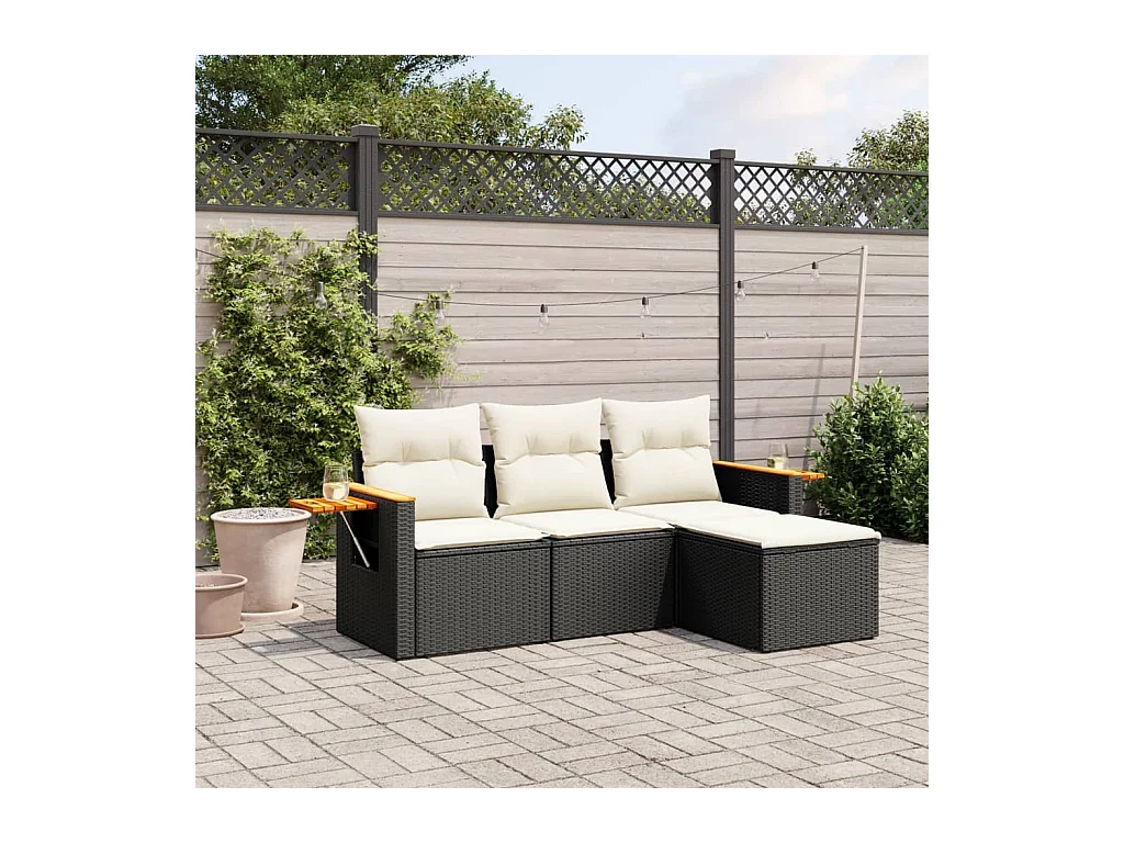 Salon de jardin 4 pièces avec coussins noir résine tressée