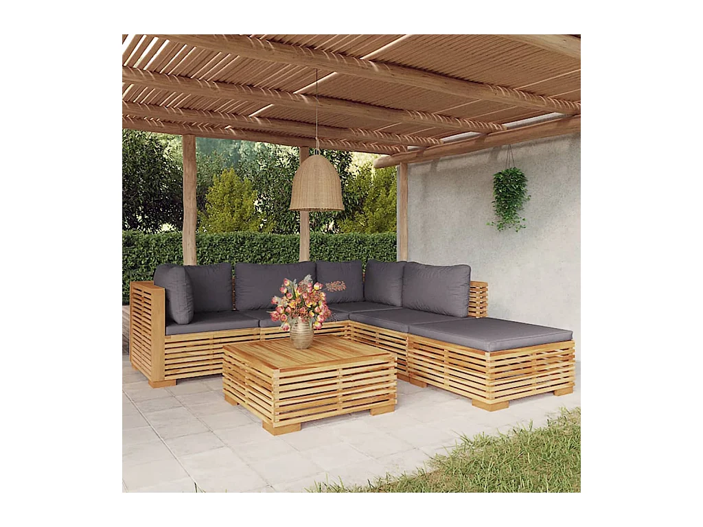 Salon de jardin 6 pièces avec coussins Bois de teck solide