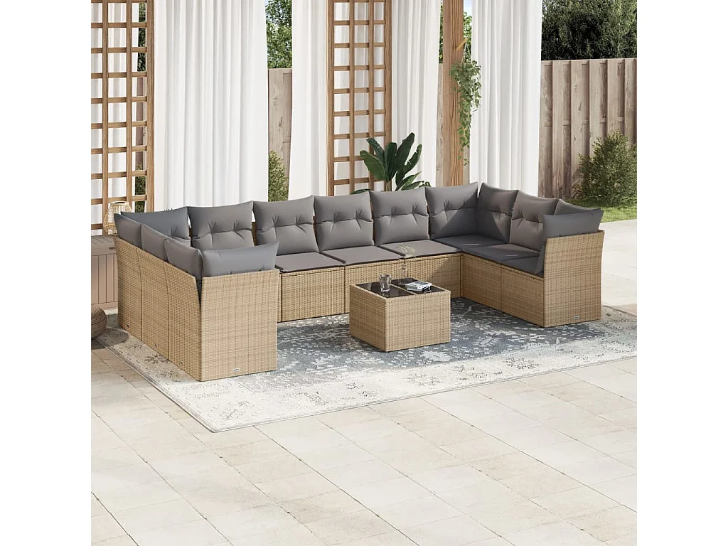 Set de sofás de jardín 11piezas con cojines ratán sintético beige