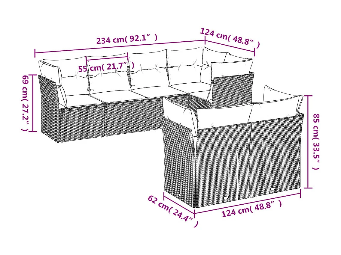 7-delige Loungeset met kussens poly rattan beige