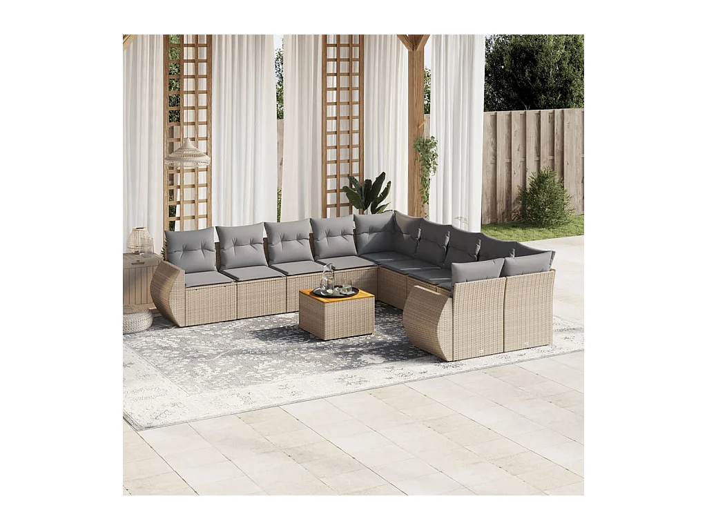 Salon de jardin 11 pièces avec coussins beige résine tressée