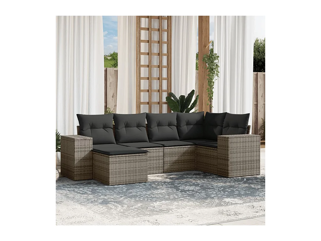 Set de muebles de jardín 6 piezas y cojines ratán sintético gris