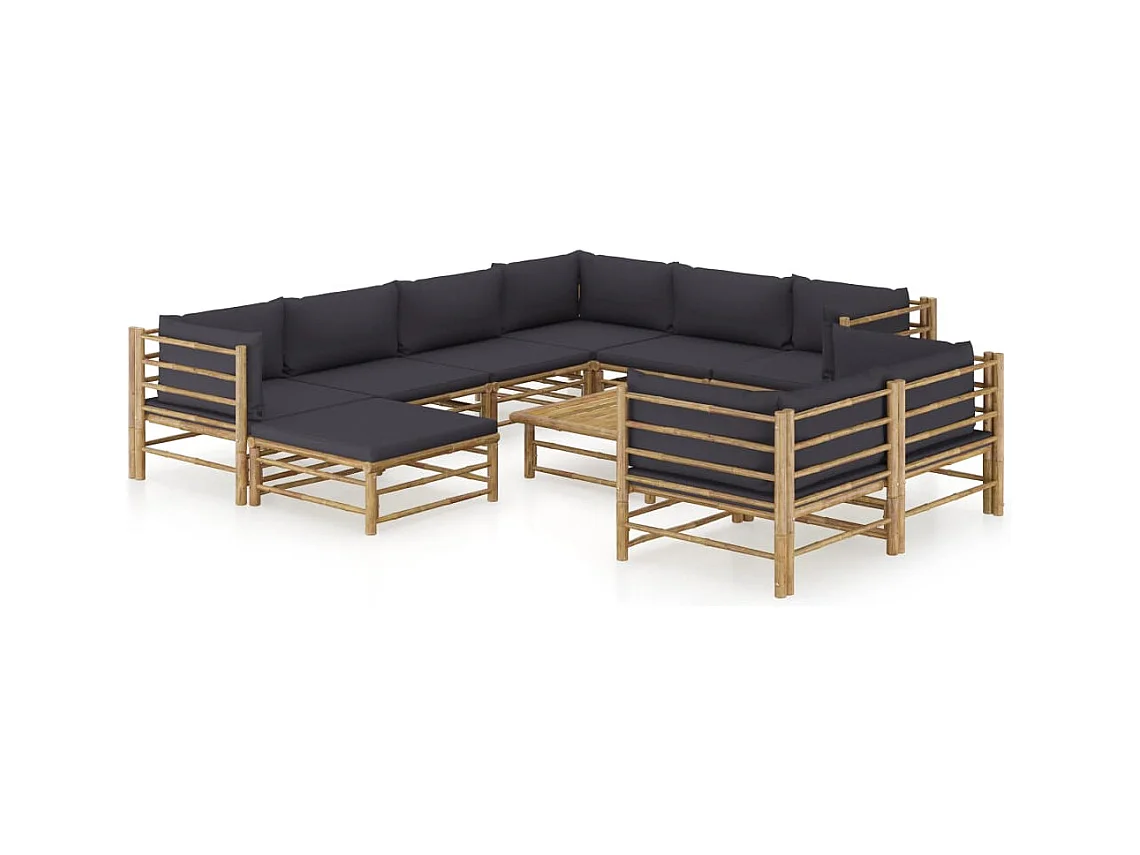Set de muebles de jardín 10 piezas bambú con cojines gris oscuro
