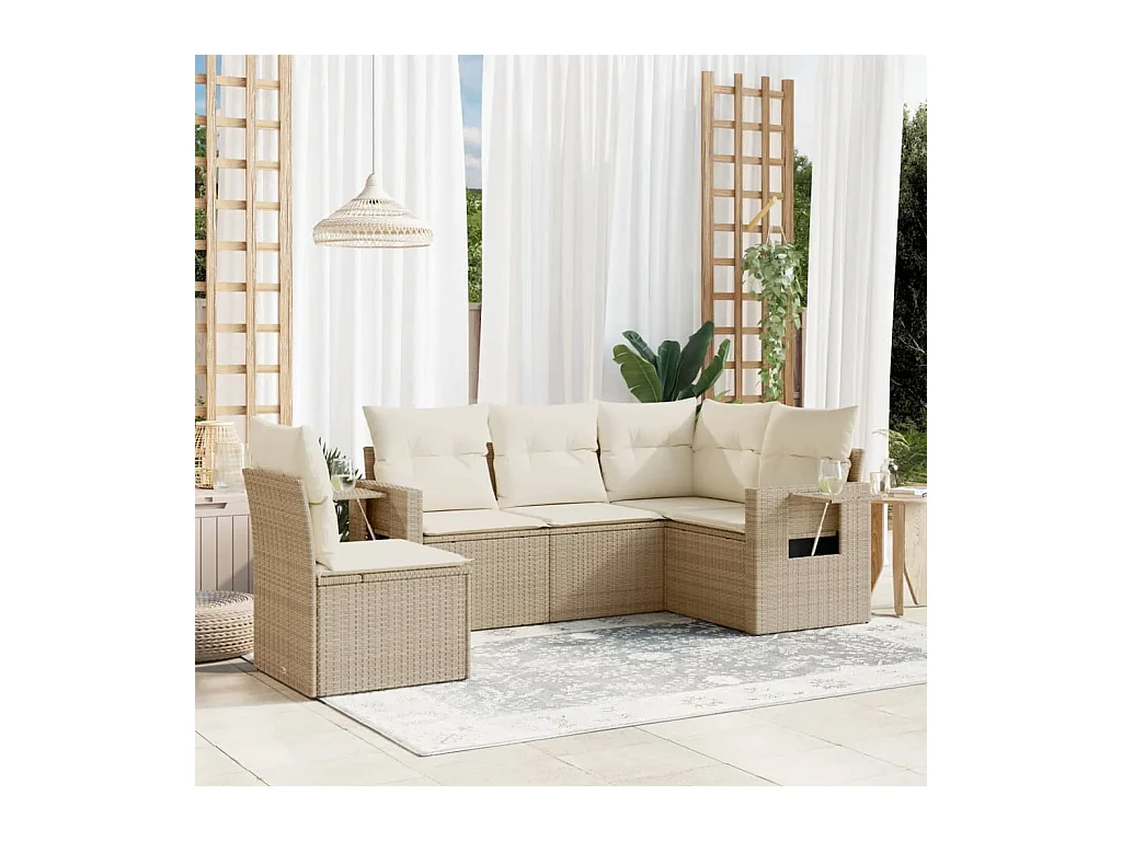 Salon de jardin avec coussins 5 pièces beige résine tressée
