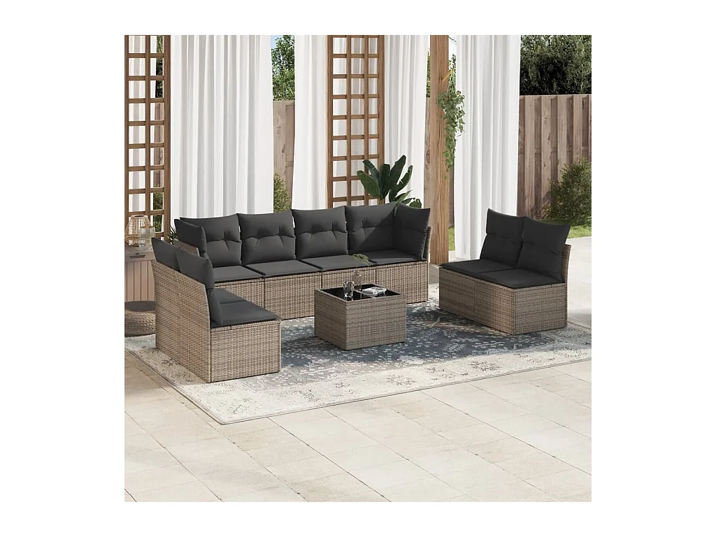 Salon de jardin 9 pièces avec coussins gris résine tressée