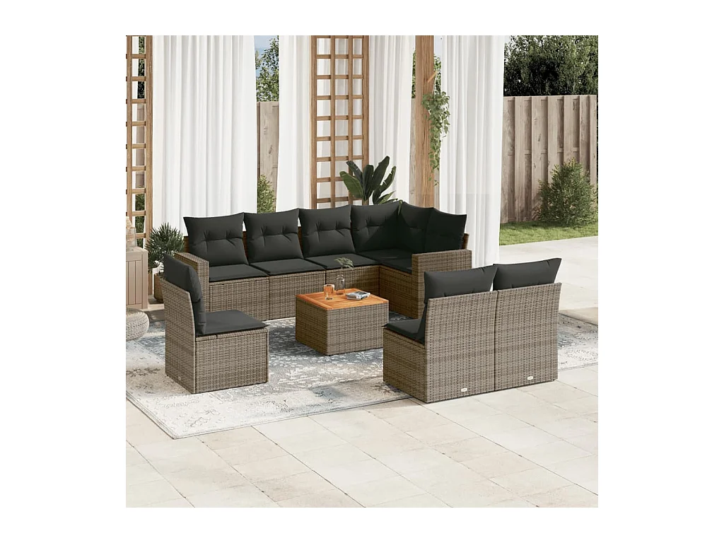 Salon de jardin 9 pièces avec coussins gris résine tressée