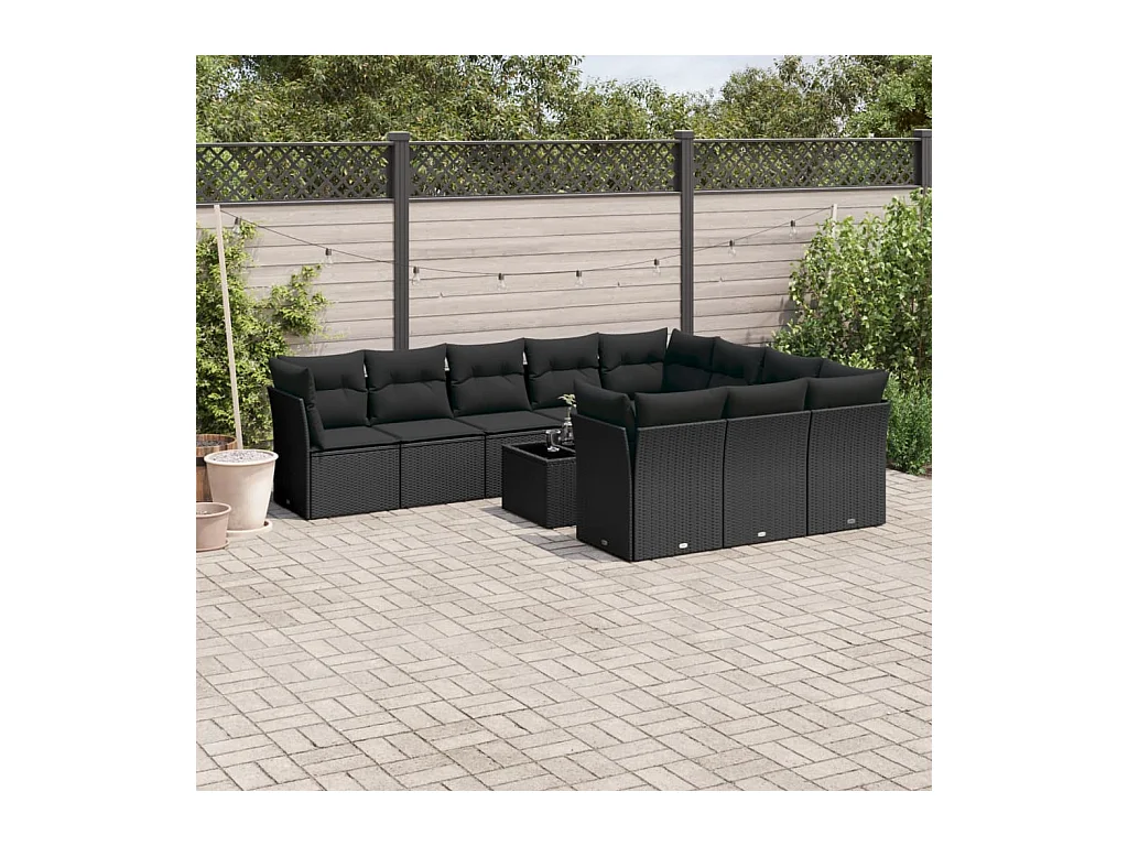 Set de sofás de jardín 11 piezas y cojines ratán sintético negro