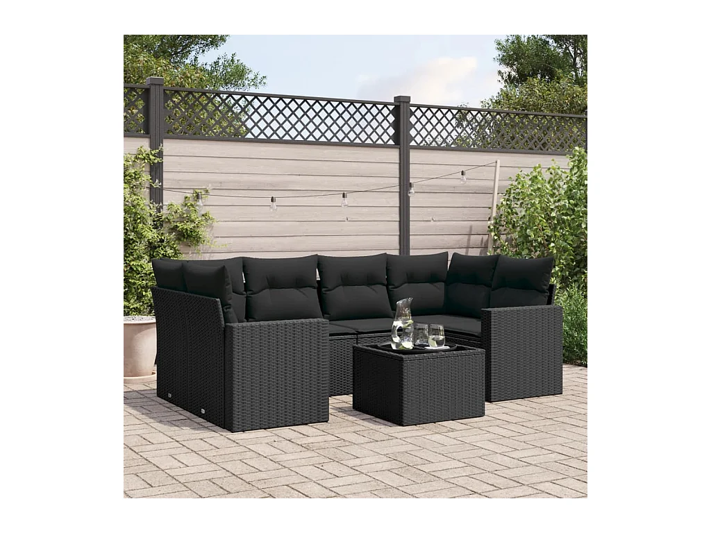 Set de comedor de jardín 7 piezas y cojines ratán sintético negro