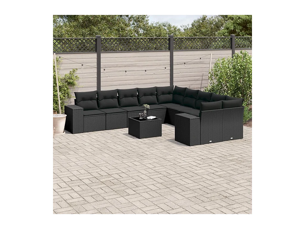 Set de sofás de jardín 11 piezas y cojines ratán sintético negro