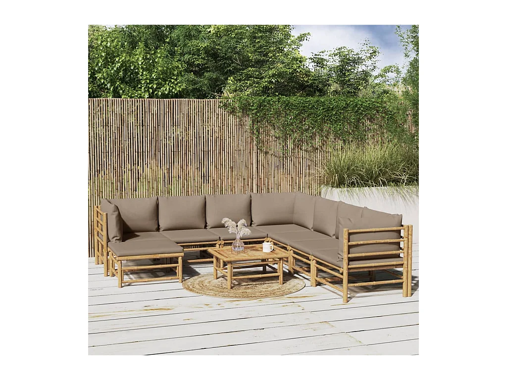 Salon de jardin 9 pièces avec coussins taupe bambou