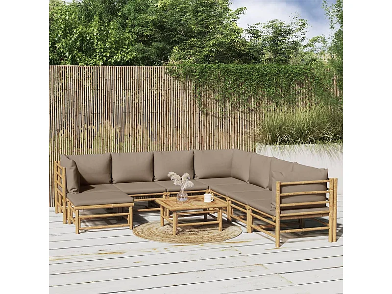 Set de muebles de jardín 9 piezas bambú y cojines gris taupé