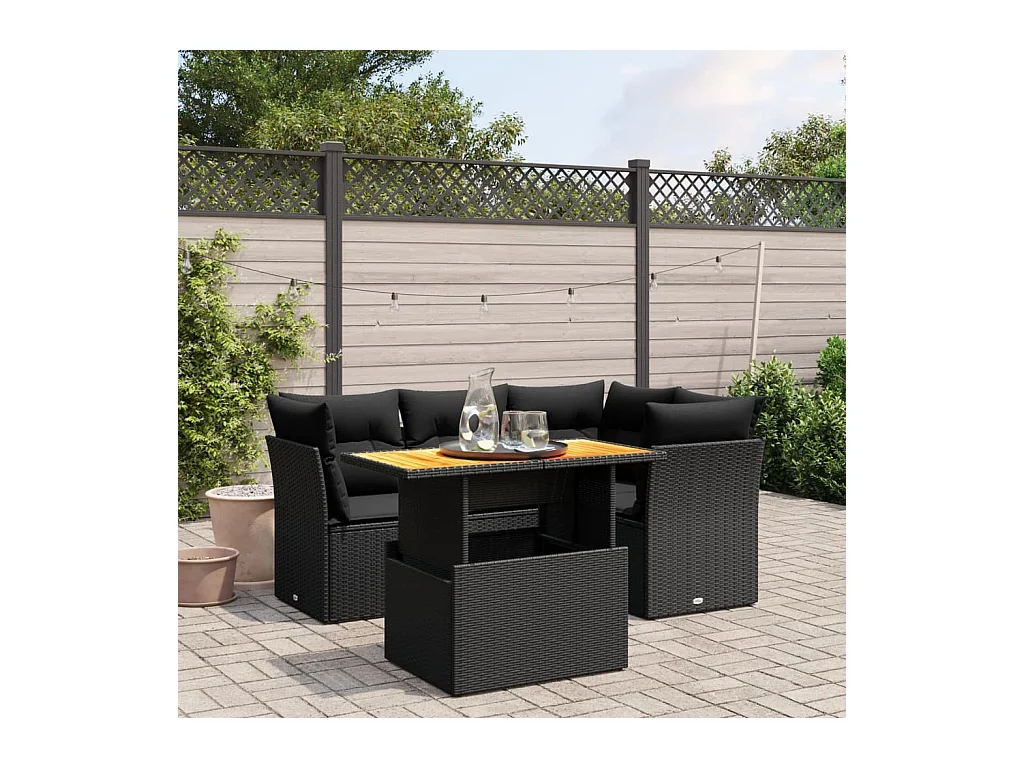 Salon de jardin 5 pièces avec coussins noir résine tressée