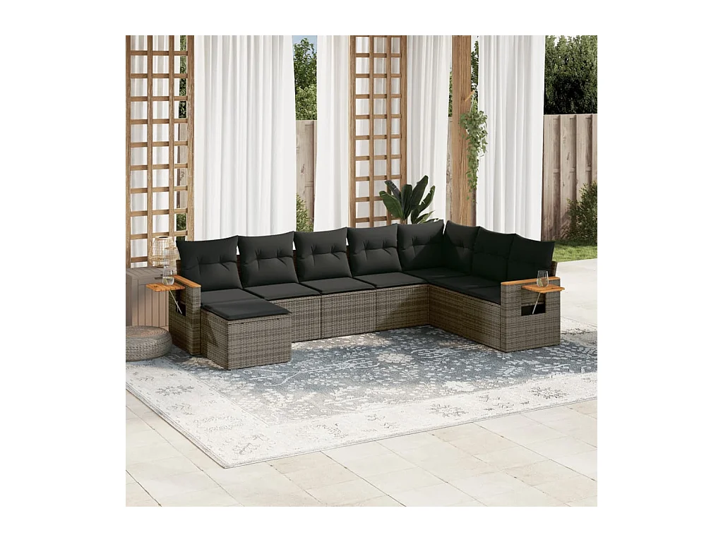 Salon de jardin 8 pièces avec coussins gris résine tressée