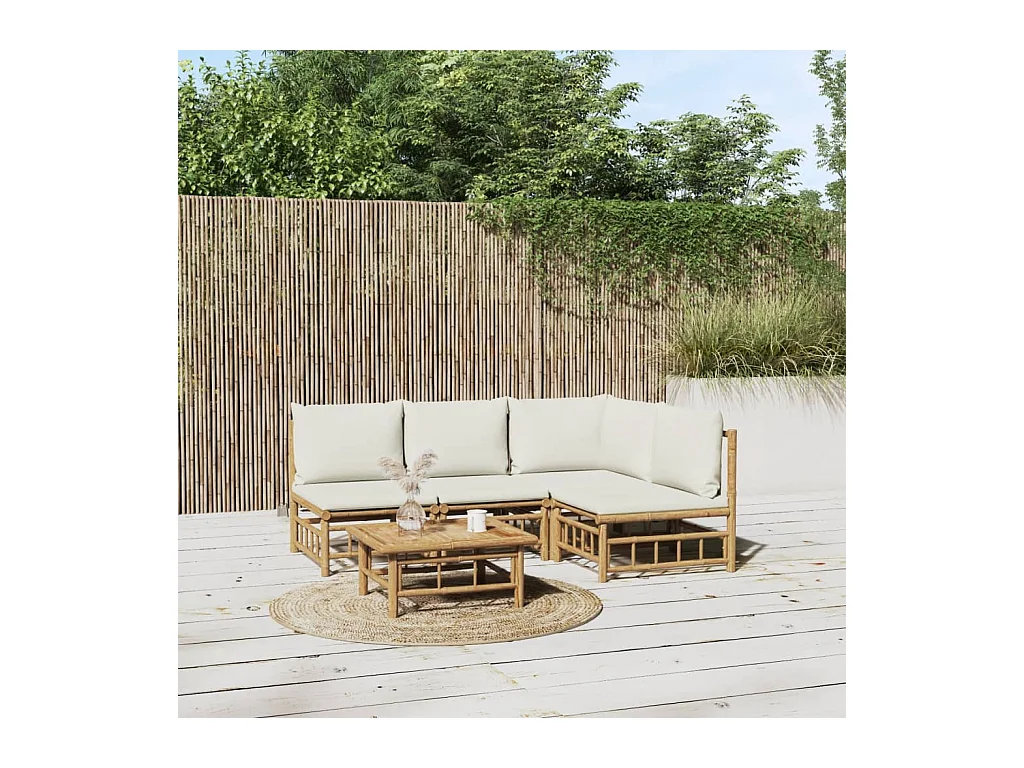 Salon de jardin 5 pièces avec coussins blanc crème bambou