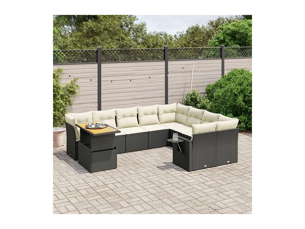 10-delige Loungeset met kussens poly rattan zwart