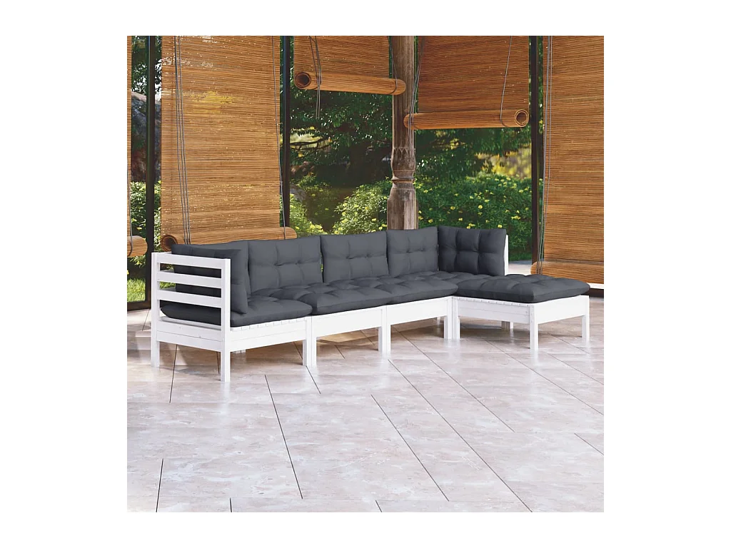 Salon de jardin 5 pièces avec coussins blanc bois de pin