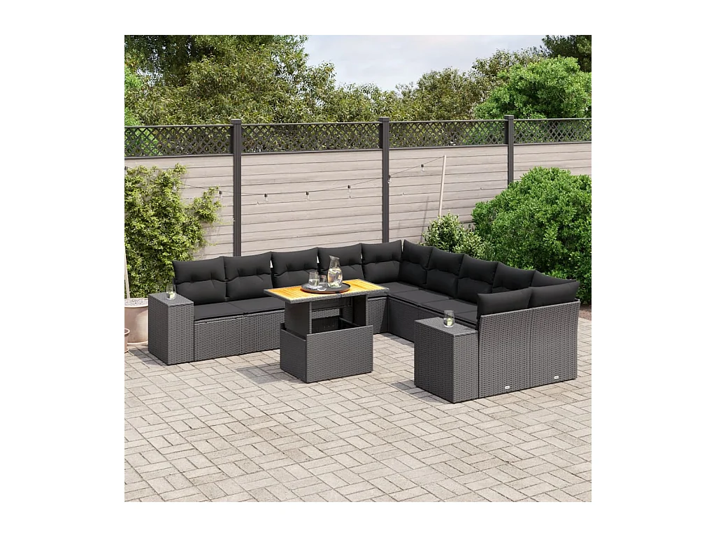 Salon de jardin 11 pièces avec coussins noir résine tressée
