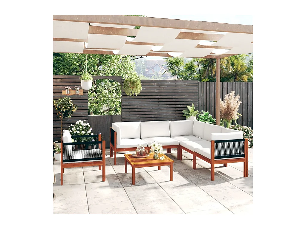 Salon de jardin 7 pièces avec coussins Crème Bois d'acacia solide