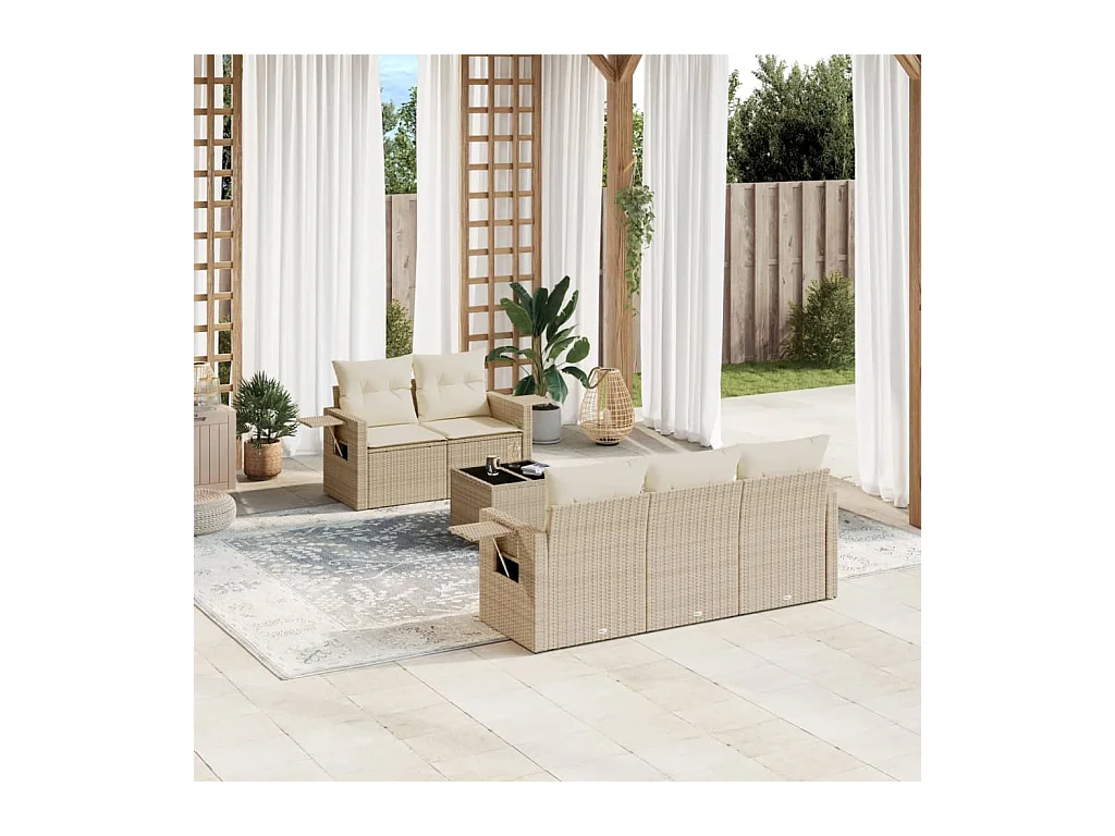 Salon de jardin avec coussins 6 pièces beige résine tressée