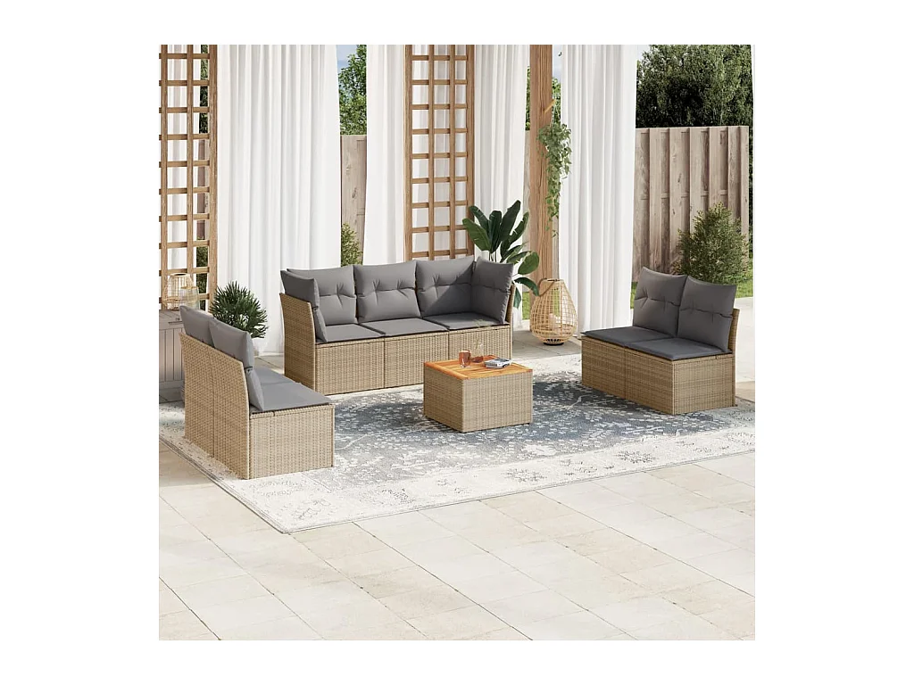 Salon de jardin avec coussins 8 pièces beige résine tressée