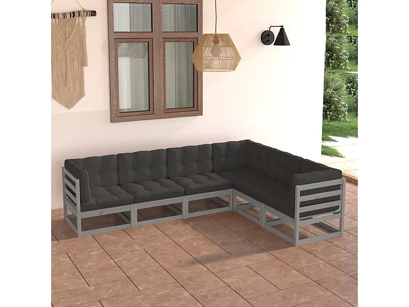 Juego de muebles de jardín 6 piezas y cojines madera pino maciza
