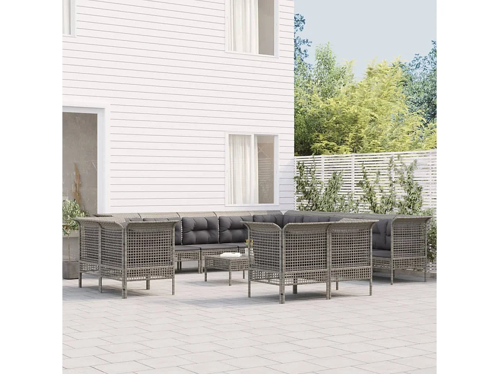 Salon de jardin 13 pièces avec coussins Gris Résine tressée