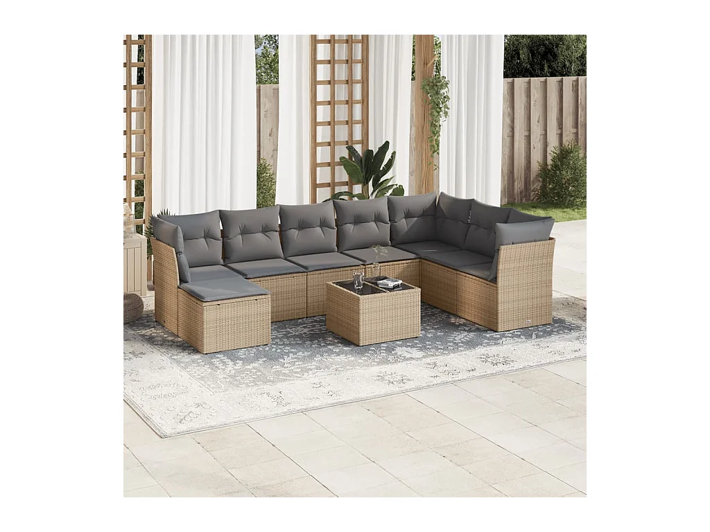 Salon de jardin avec coussins 9 pièces beige résine tressée