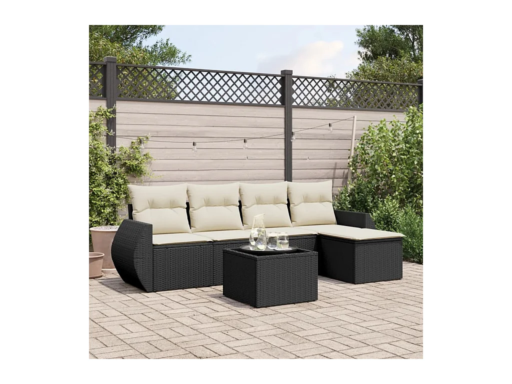 6-delige Loungeset met kussens poly rattan zwart