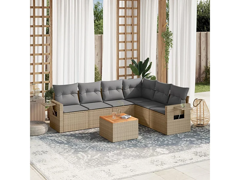 7-delige Loungeset met kussens poly rattan gemengd beige