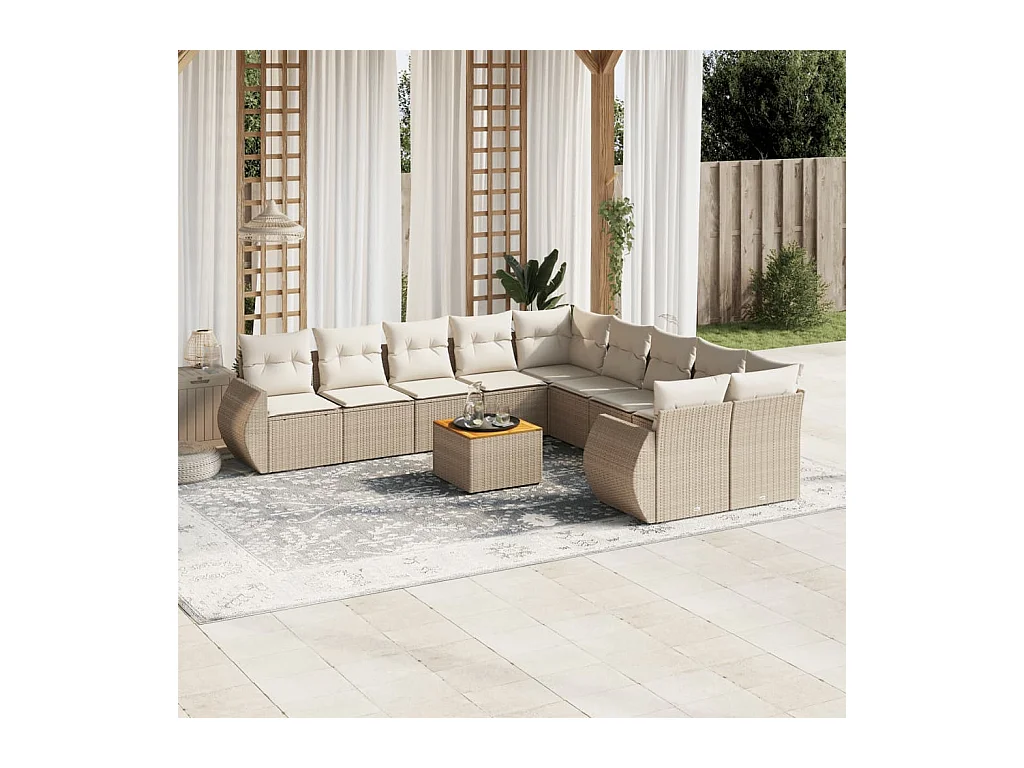 Salon de jardin 11 pièces avec coussins beige résine tressée