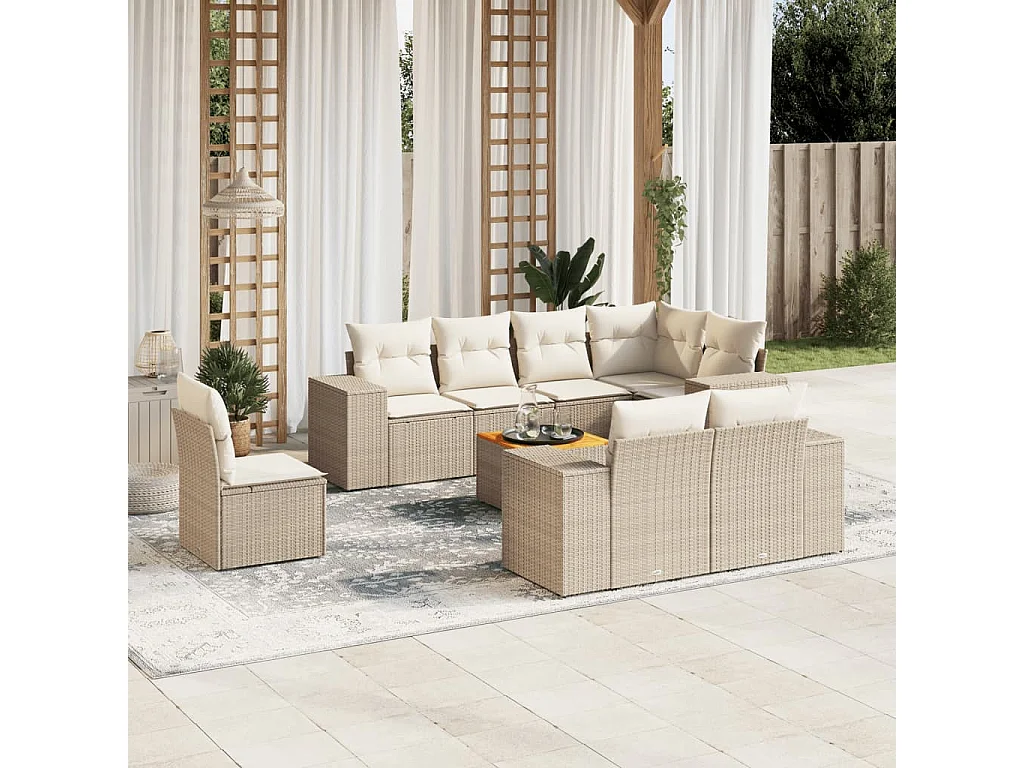 Salon de jardin avec coussins 9 pièces beige résine tressée