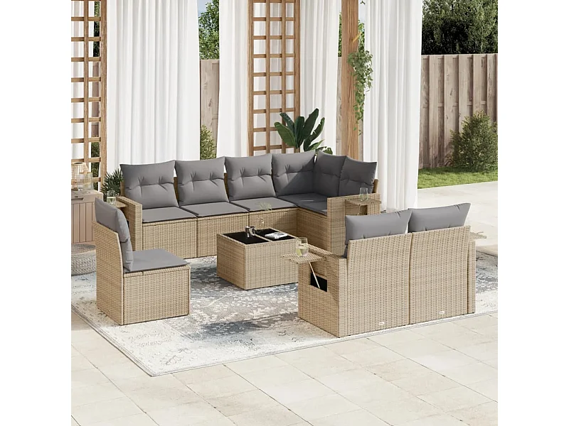 Salon de jardin avec coussins 9 pièces beige résine tressée