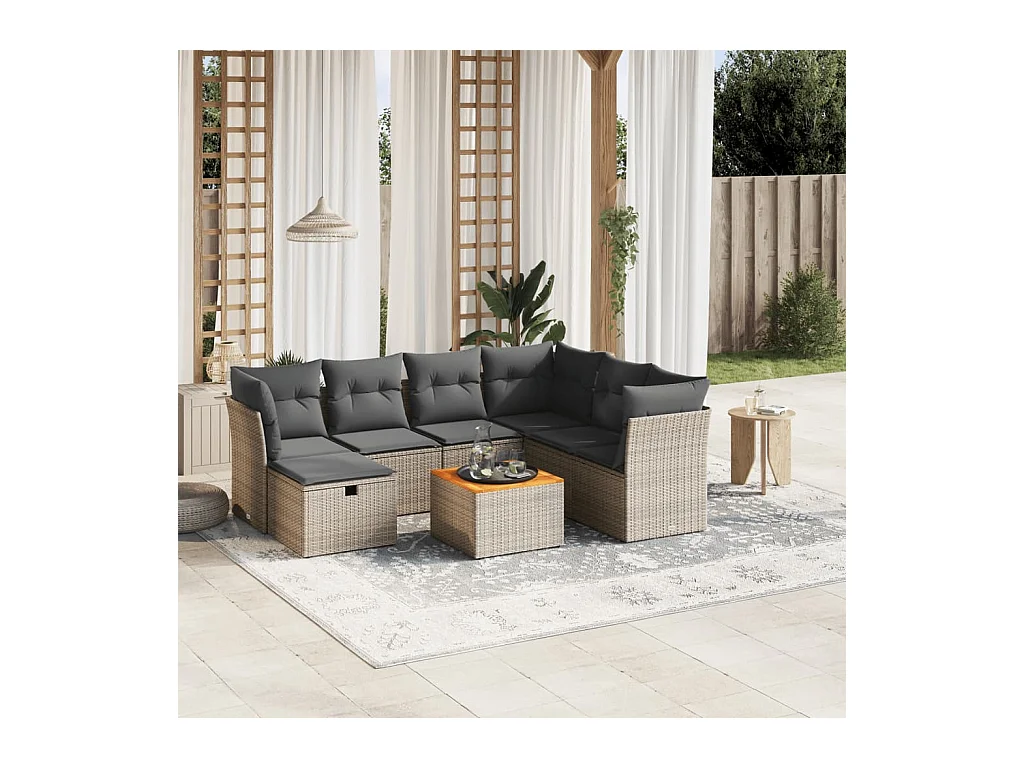 Salon de jardin 8 pièces avec coussins gris résine tressée