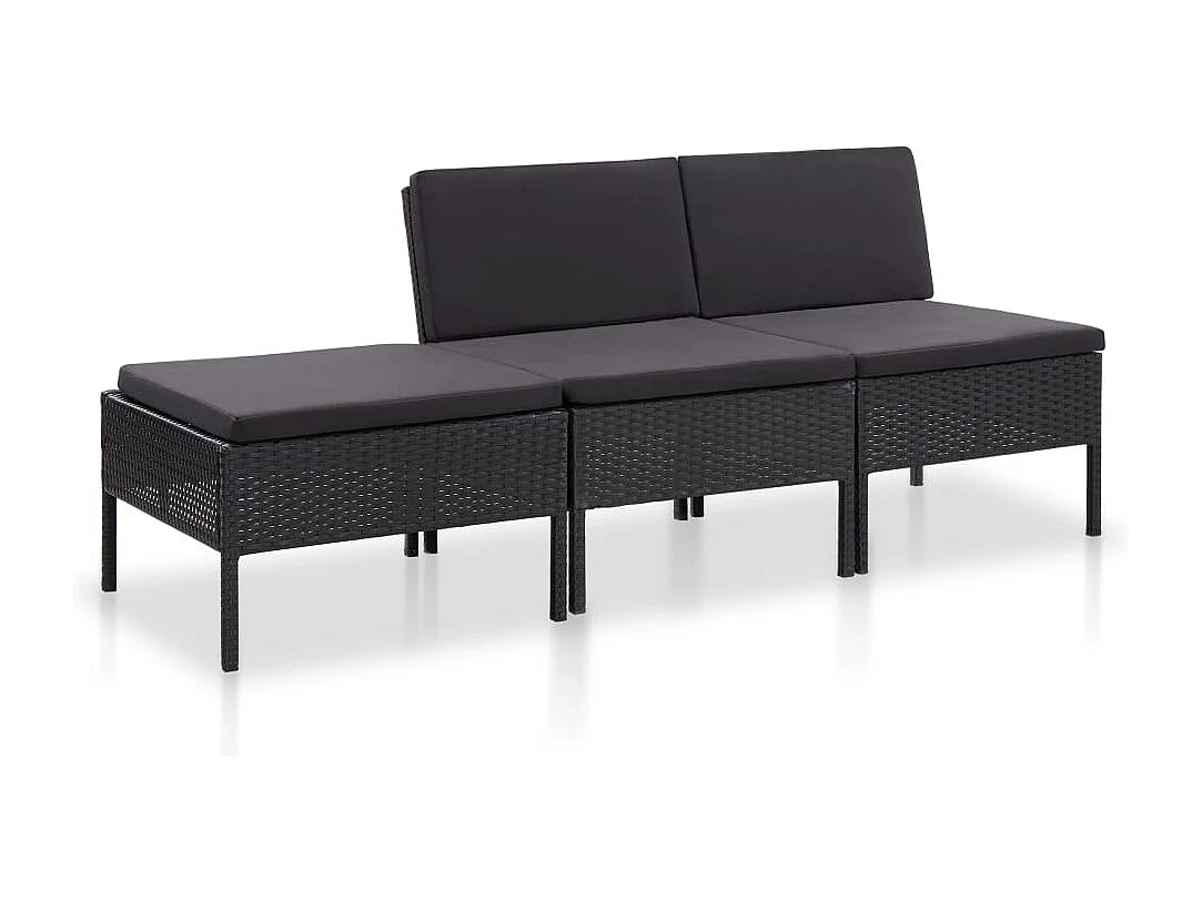 Set de muebles de jardín 3 piezas y cojines ratán sintético negro